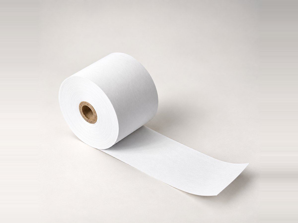 White thermal receipt paper roll with the paper tail unrolled