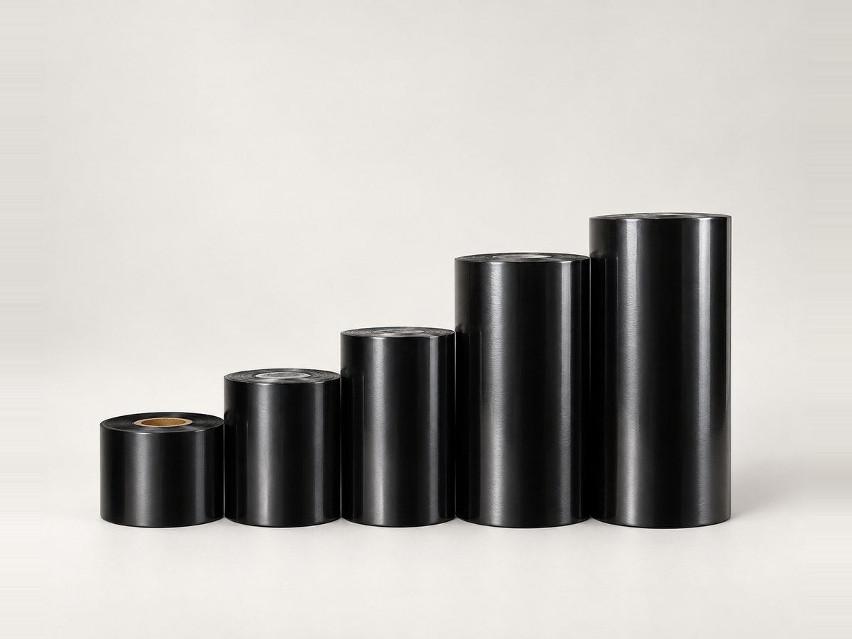 Black thermal transfer ribbon rolls in a range of widths