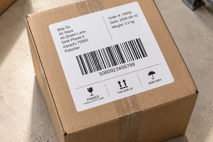 100 x 100 mm label in use, shipping, packages
