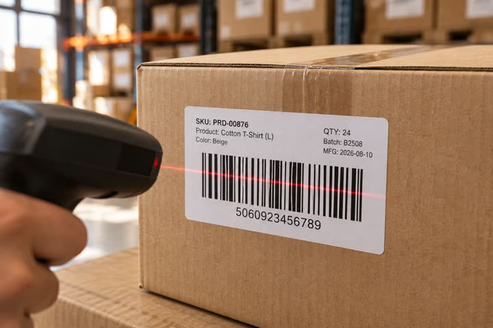 100 x 50 mm label in use, cartons, warehouse