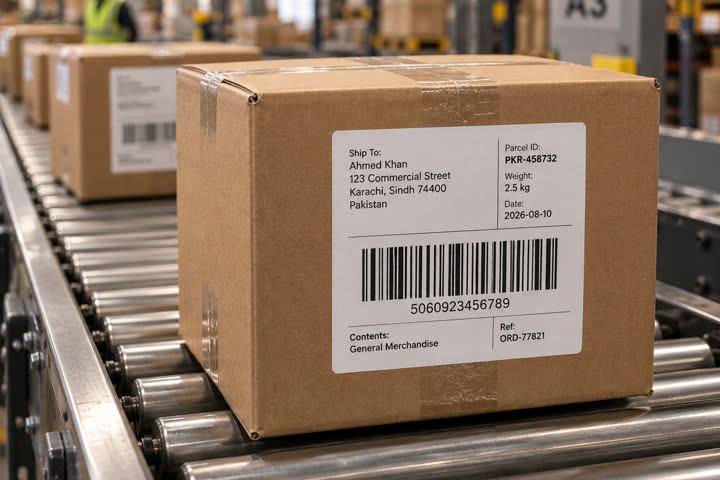 100 x 75 mm label in use, shipping, warehouse