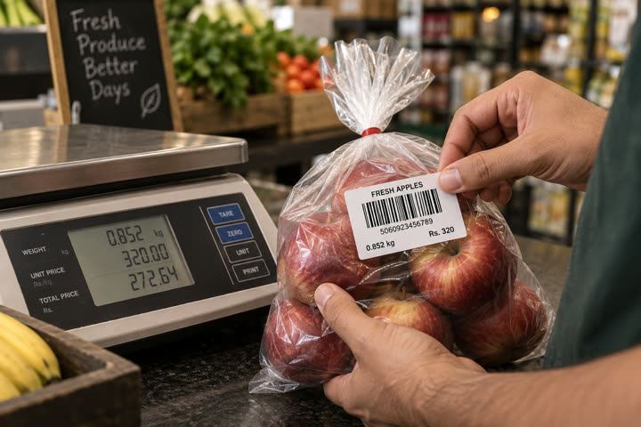 58 x 40 mm label in use, weighing scales