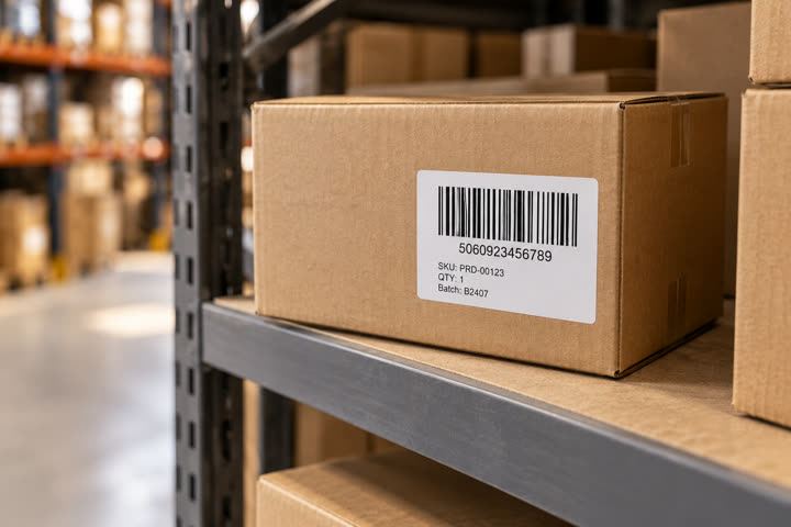 75 x 50 mm label in use, warehouse, cartons